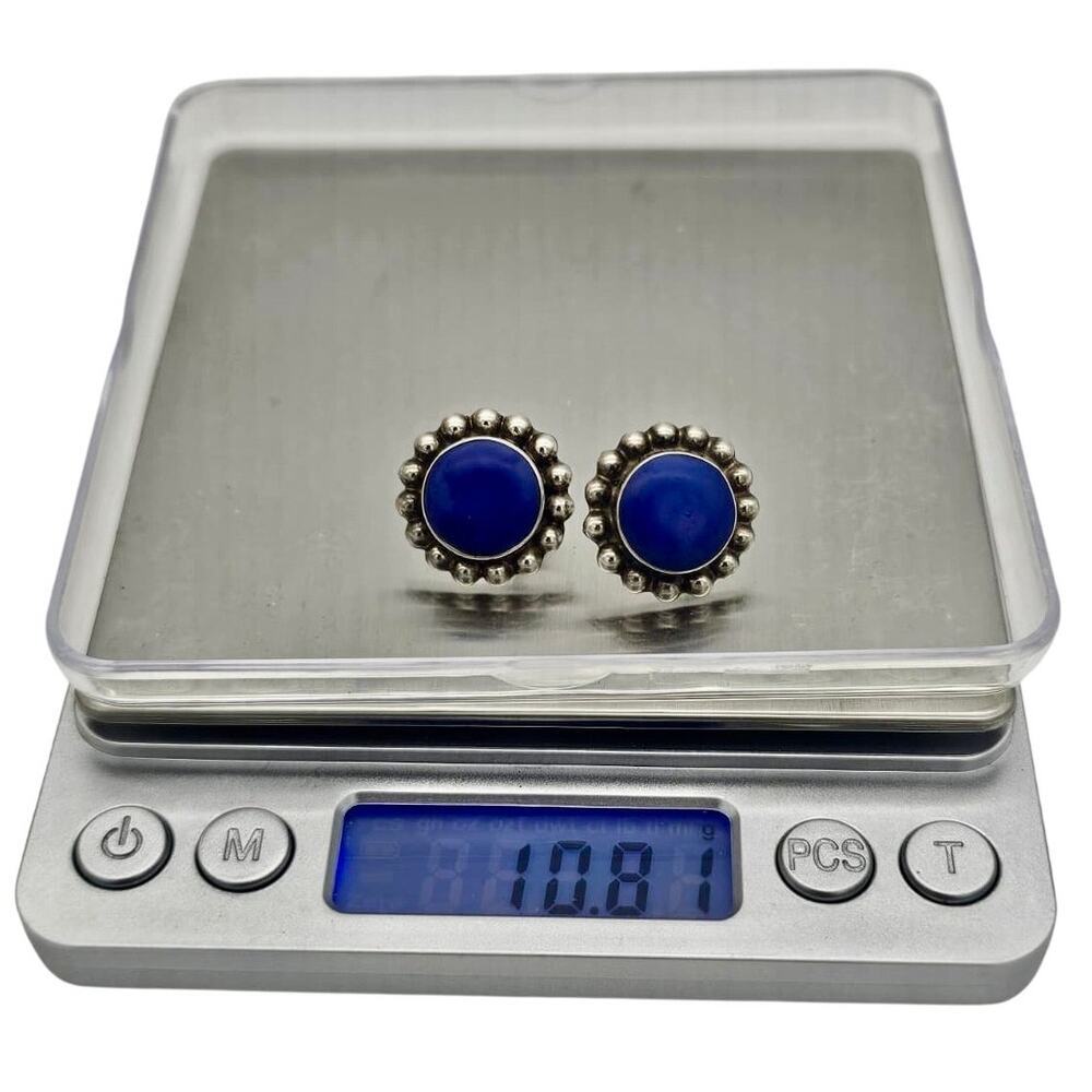 Vintage Sterling Silver & Large Center Blue Lapis Lazuli Pierced Earrings - Picture 6 of 6